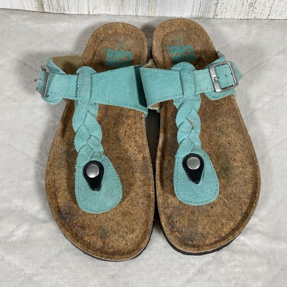 Muk Luks Marsha Terra T-Strap Sandals Turquoise Faux Suede Cork Bottoms Sz 7 - Picture 1 of 8